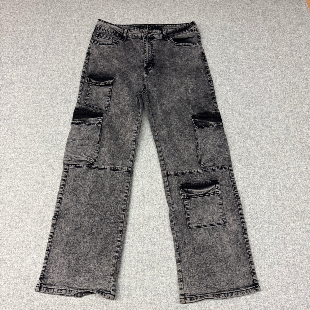 V.I.P. Cargo Jeans Size 17 Gray Acid Wash Wide Leg Multi Pocket High Rise Stretc